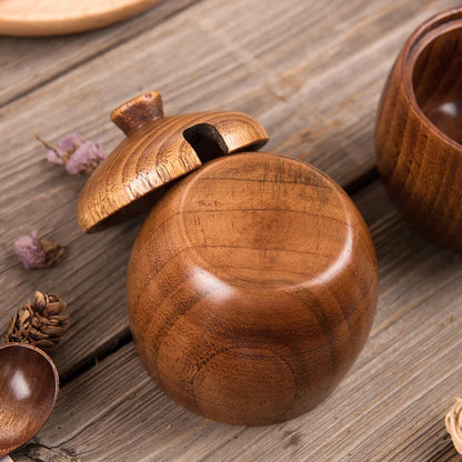 Kitchen Seasoning Jar Creative Retro Wooden Salt Pot Seasoning Storage Jar Spice Pot With Lid.