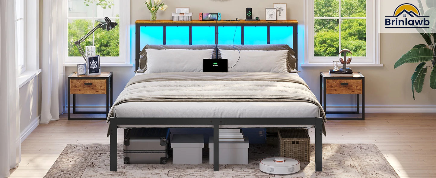 Metallbettgestell 140 x 200 cm mit LED-Beleuchtung, Kopfteil und Ladestation, integriertes Metallbett 140 x 200 mit Gitterbraten