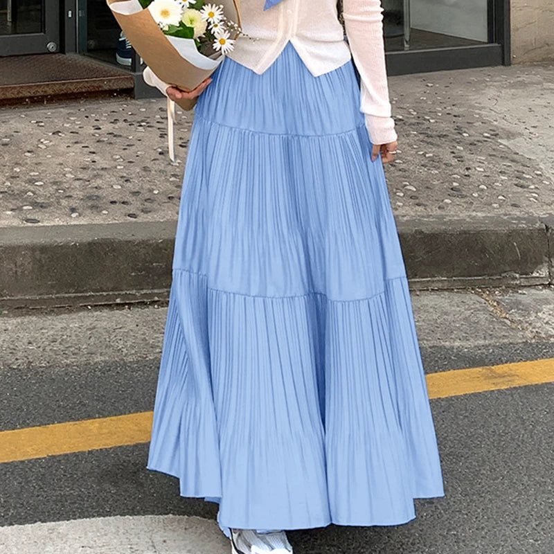 2025 ZANZEA Oversized Summer Maxi Skirts Women Elastic Waist Pleated Long Skirt Casual Solid Color High Waist Ruffled Skirts.