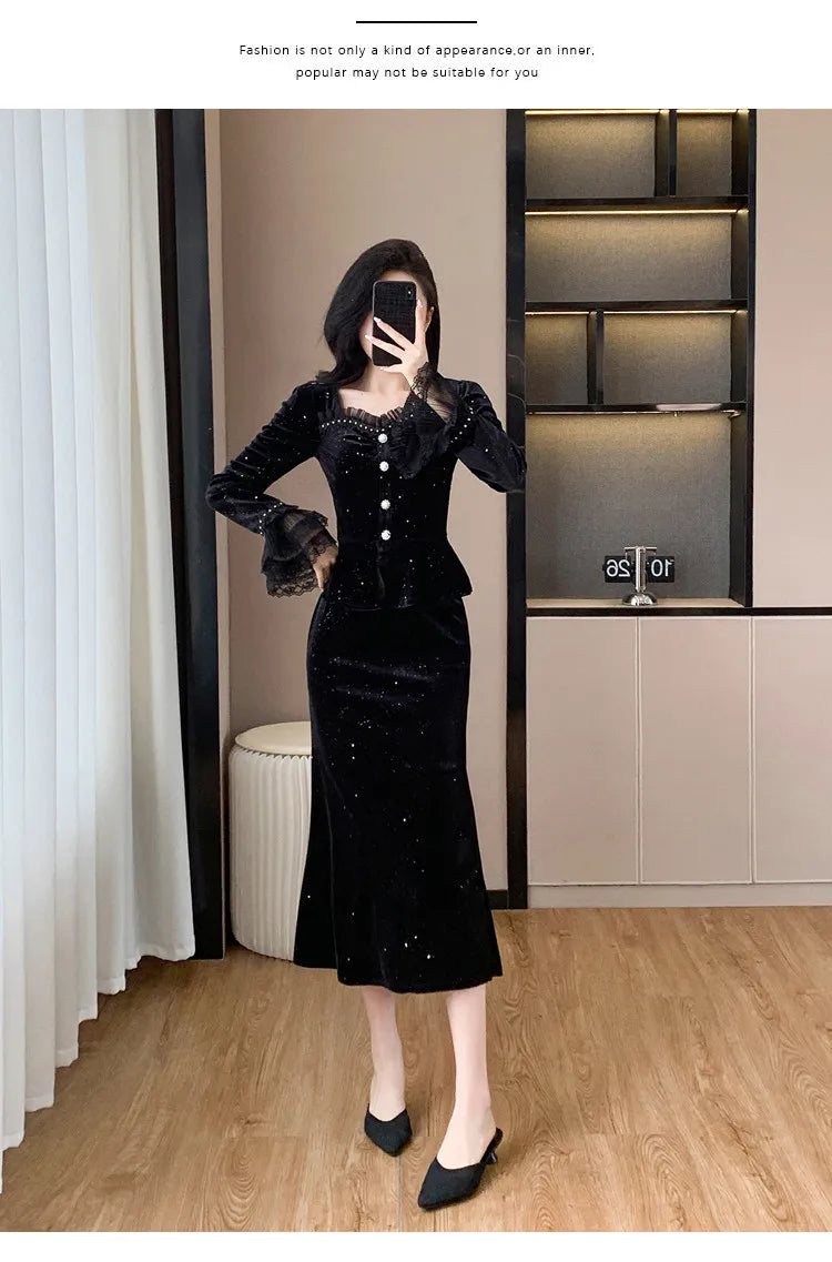 VigoAnne 2025 Black Long Sleeve Top And High Waist Korean Skirt 2 Piece Sets Woman Spring Autumn Velvet Long Dress Suit Ladies.