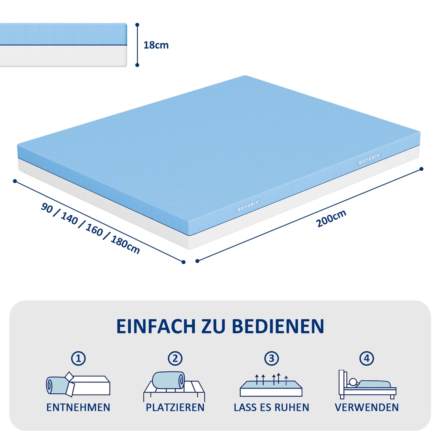 Komfortschaummatratze 140×200×18 cm, wendbar, Memory-Schaum, kühlender Bezug, Härte H3/H4, 18 cm hoch, 7-Zonen Unterstützung