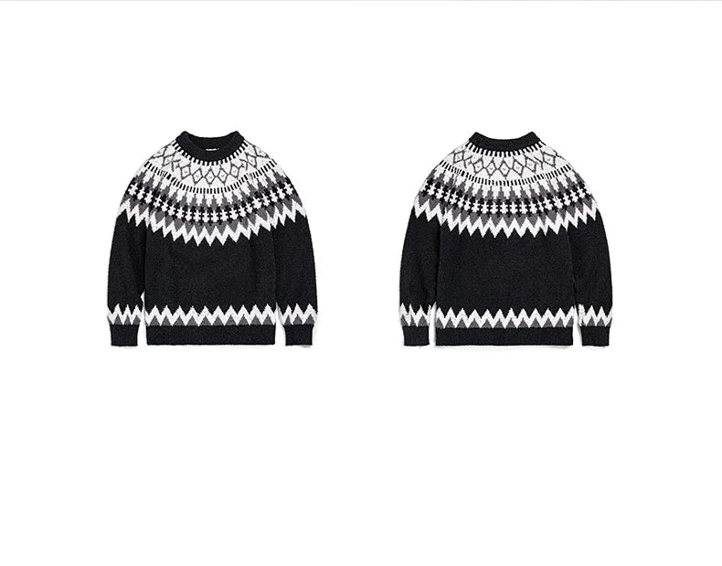 Maden Vintage Heavyweight Fair Isle Icelandic Sweater Round Neck Jacquard Bottom Knitwear Thickened Warm Pullovers for Christmas.