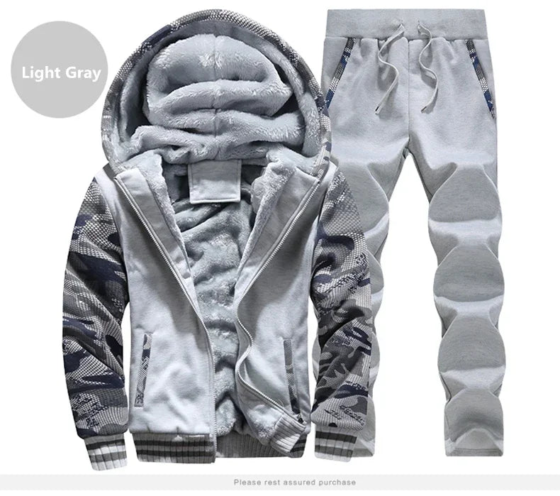 New Winter Fleece Thicken Men's Two-piece Zipper Sports Set Hooded Thermal Suit Casual Oversized Tracksuit 4XL 5XL Funny Suit.