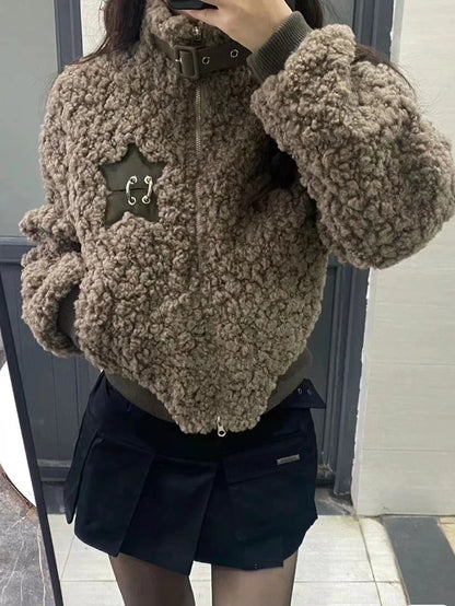 Winter Lamm Wolle Vintage Jacke Frauen Stehen Kragen Faul Wind Casual Zipper Mäntel Langarm 3D Dekoration Lose Geerntete Jacken
