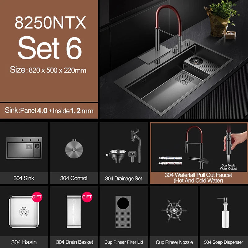 ASRAS New Waterfall Faucet Kitchen Sinks Nanometer Large Size 4mm Panel Handmade Sinks Cup Rinser Kitchen Sinks