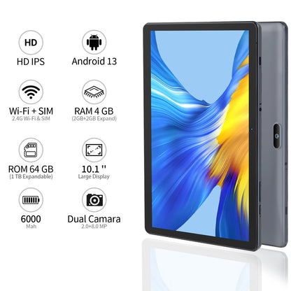 PRITOM 10.1 Inch Tablet PC Android 13 4GB(2+2 VIRTUAL)) 64 GB Quad Core Bluetooth WiFi with 3G SIM card Slot.