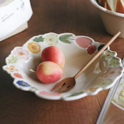 Floral Embossed Rim Soup Dessert Plate - Elegant Ceramic Appetizer Dish for Breakfast, Cafe Dining, Home Kitchen Tableware Set.