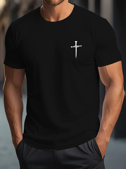 Men's Summer 100% Cotton Fashionable Casual Loose Large Size Faith Cross Printed Round Neck Short Sleeve T-shirt Top.