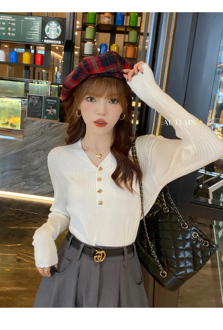 2023 herbst Winter Frauen Pullover Beiläufige Dünne Taste Gestrickte Pullover Pullover Femme Grundlegende Solide Jersey Tops Mode Kleidung