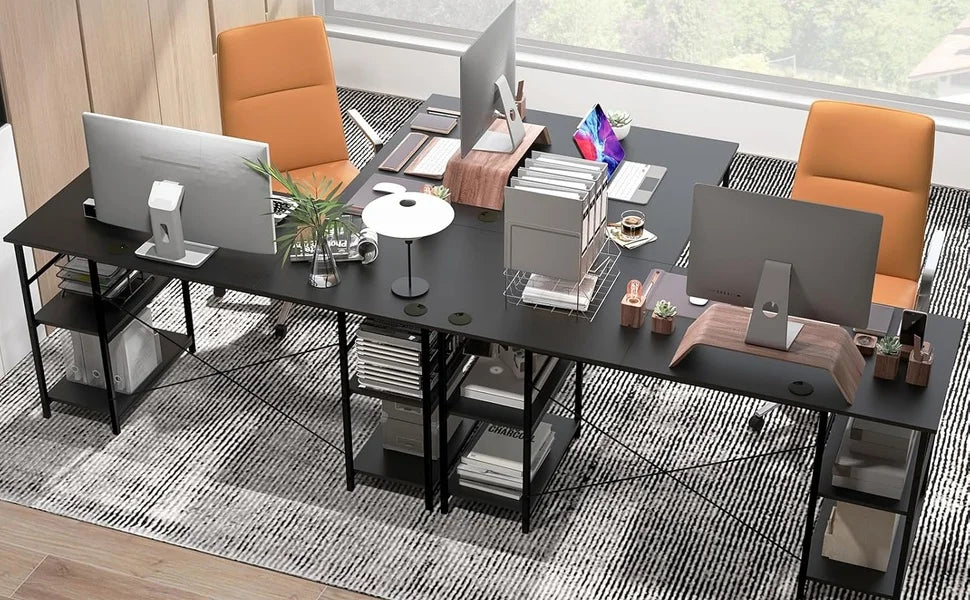 L-förmiger Schreibtisch Computertisch mit Regal, großer Arbeitsplatz, Home Office Gaming Tisch, höhenverstellbar, Schwarz