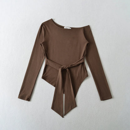 Sexy Long Sleeve T-Shirt Women's Waist Cinched Shoulder Bared Strap Design Autumn 2025 Irregular Halter Neck Top for Trendy Girl.