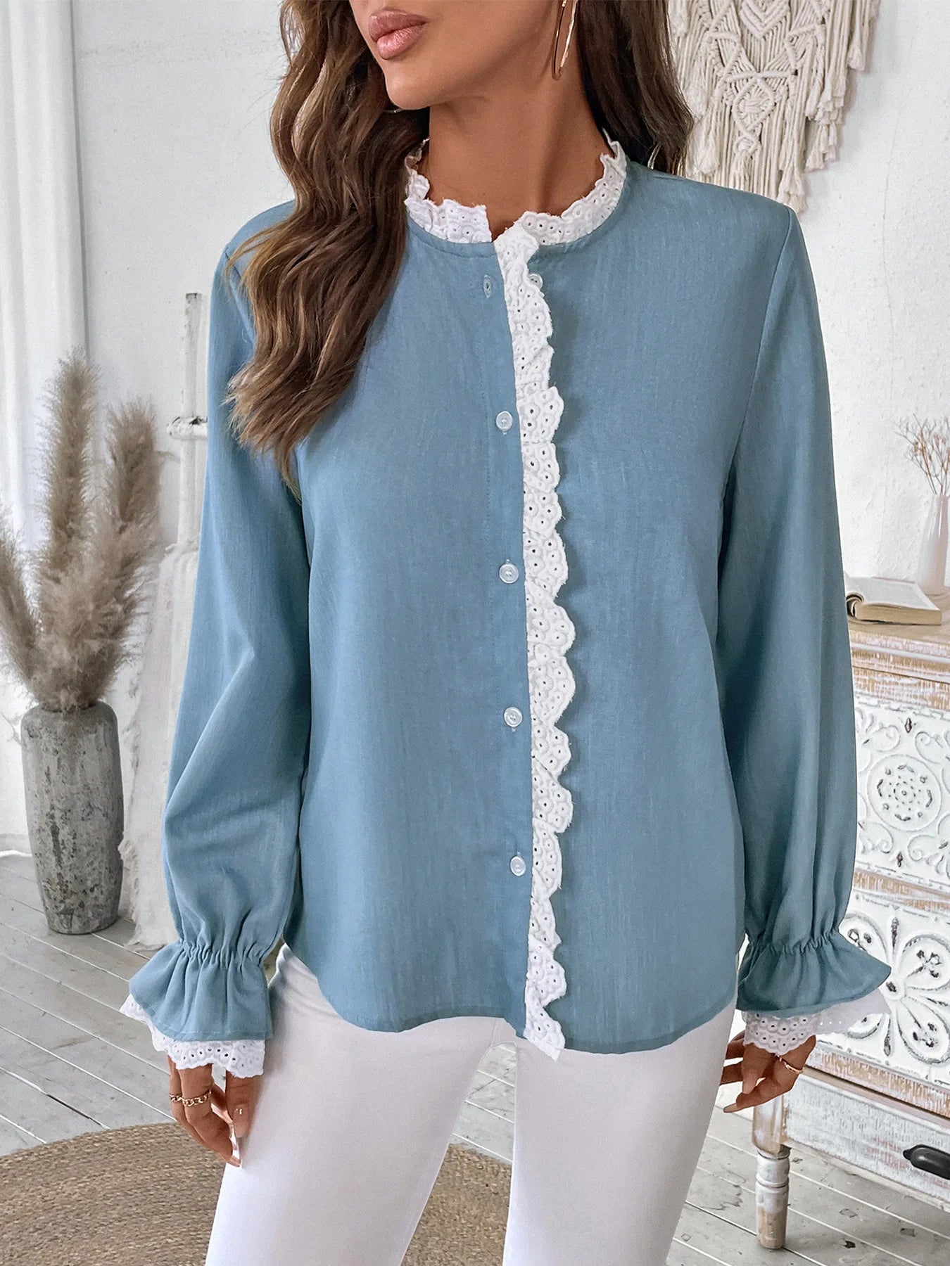 2025 Autumn Female Solid Ruffle Shirt Women Casual Lantern Long Sleeve Top Spring Office Lady Single Breasted Tops Clothes.