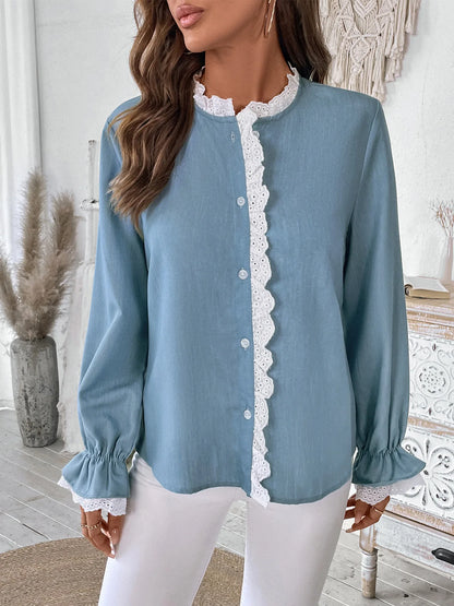 2025 Autumn Female Solid Ruffle Shirt Women Casual Lantern Long Sleeve Top Spring Office Lady Single Breasted Tops Clothes.