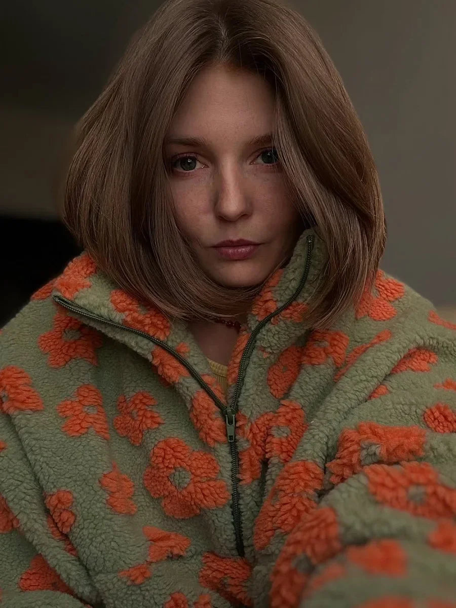 Sumuyoo Autumn Winter Women's Sherpa Floral Pullover Hoodies Half Zip Style Loose Fit Warm Stylish New Sweatshirt.