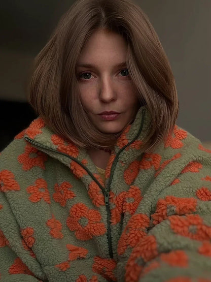 Sumuyoo Autumn Winter Women's Sherpa Floral Pullover Hoodies Half Zip Style Loose Fit Warm Stylish New Sweatshirt.