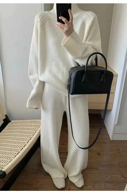 Zweiteiliger Anzug aus 100 % Merinowolle für Damen, O-Kragen-Pullover, Pullover, weites Bein, Hosen-Set, Herbst-Winter, lockere, bequeme Strickwaren