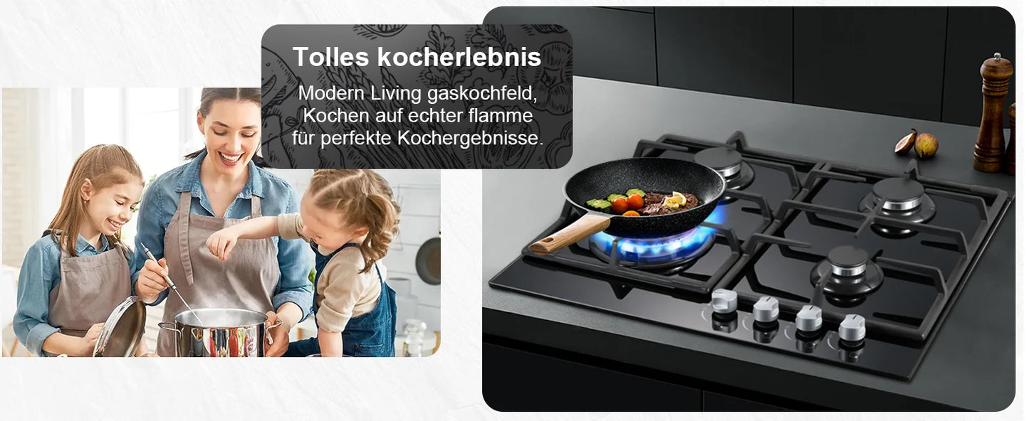 ‌58cm Gas Hob | 4 Burner Dual Fuel (NG/LPG) 8060W Auto Flame Shut-off & Tempered Glass Surface | Built-in/Freestanding 220-240V.