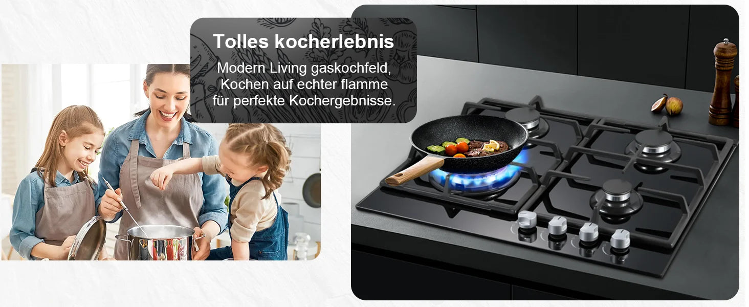 ‌58cm Gas Hob | 4 Burner Dual Fuel (NG/LPG) 8060W Auto Flame Shut-off & Tempered Glass Surface | Built-in/Freestanding 220-240V.