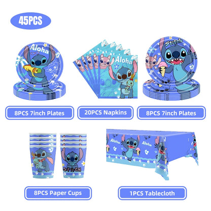 Stitch Party Supplies für Kinder Lilo und Stitch Geburtstag Party Dekorationen Luftballons Banner Tischdecke Hintergrund Geschirr