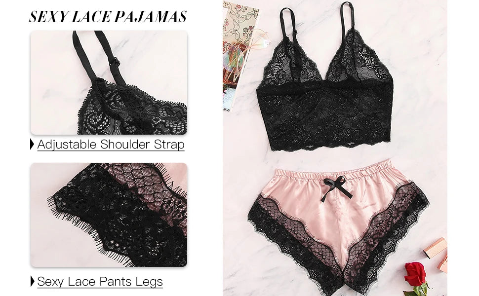 2-teiliges sexy Spitzen-Pyjama-Set für Damen, durchsichtiges Bralette, Cami-Top und Shorts, atmungsaktive Nachtwäsche, Sommer-Dessous in Übergröße.