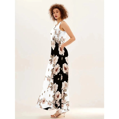 Blumendruck Neues lässiges ärmelloses langes Kleid Damen V-Ausschnitt bedrucktes Kleid Swing Bohemian Retro Kleider