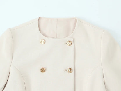 HH Women Solid Pant Set Long Sleeve O-Neck Double-Breasted Blazers+High Waist Chain Matching Side Zipper Trousers Sets.