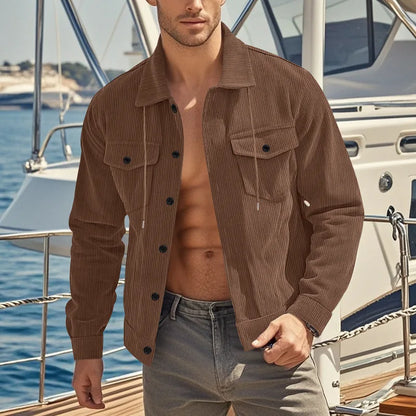 Men's Corduroy Jacket Stand-up Collar Slim Fit Retro Multi-pocket Workwear Commuter Coat for Spring And Autumn