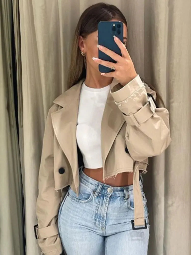 2024 Belt Cropped Trench Spring Jacket Women Vintage Streetwear Double Breasted Long Sleeve Top Female Coat Outfits.