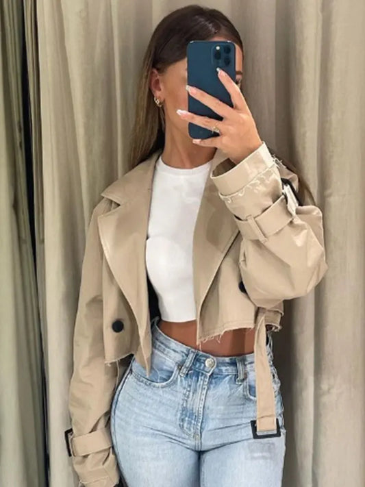 2024 Belt Cropped Trench Spring Jacket Women Vintage Streetwear Double Breasted Long Sleeve Top Female Coat Outfits.