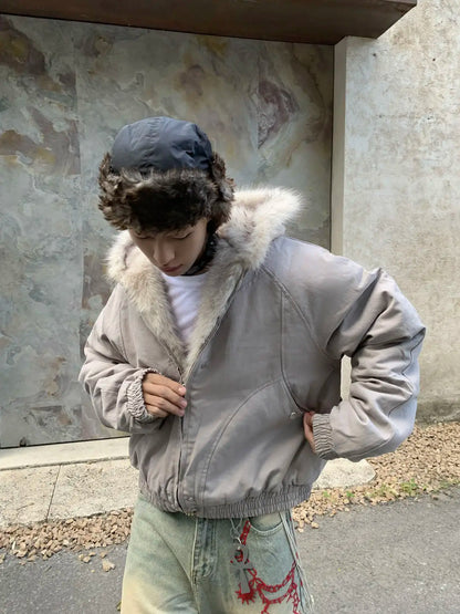 American Retro Woolen Collar Hooded Cotton Jacket Winter Thick Plush Top Men Street Hip-Hop Gothic Harajuku Oversize Jacket Coat.