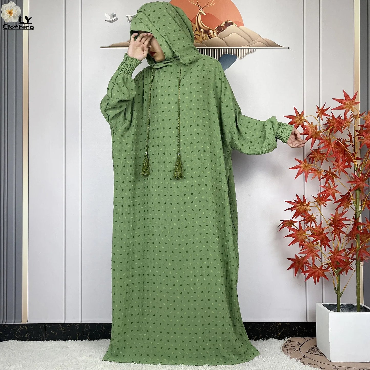 2024New Pure Cotton Ramadan Muslim Two-Hat Abaya Dubai Turkey Islam Prayer Clothes Loose Robe Islamic Women Traditional Clothing.