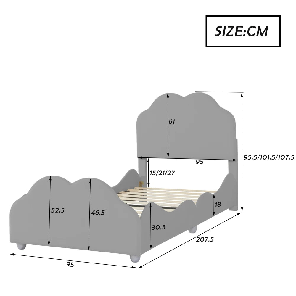 Kinderbett 90 x 200 cm hohes Geländer, Kinderbettgestell mit wolkenförmigem Kopf und Fußteil, Bett aus hautfreundlichem Samt