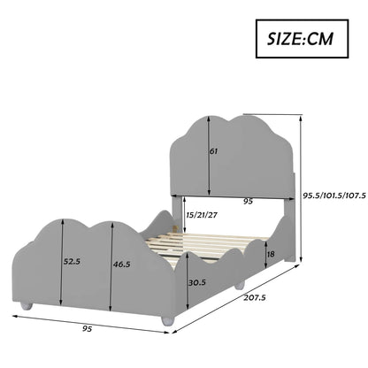 Kinderbett 90 x 200 cm hohes Geländer, Kinderbettgestell mit wolkenförmigem Kopf und Fußteil, Bett aus hautfreundlichem Samt