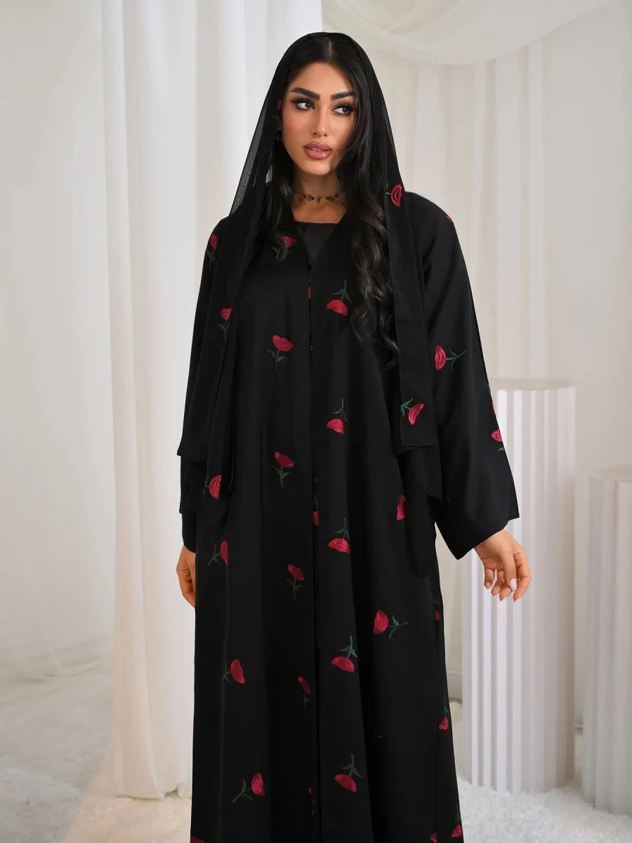 Women Middle East Arabic Dubai Abaya Luxury Rose embroidery Kimono Cardigan Long Dress Modest Robe Femme Islam Clothing Kebaya.