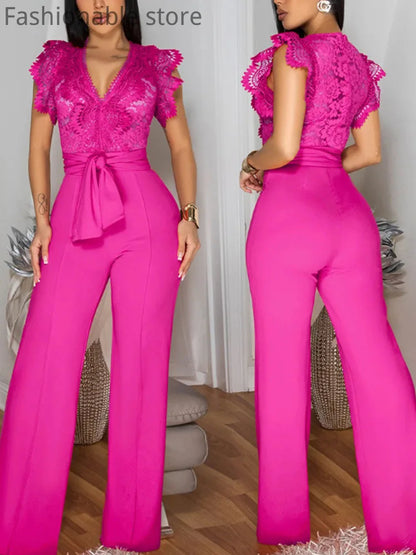 Women's Sexy Sleeveless Lace Patchwork Jumpsuits Solid Color Hollow Out Belted Wide Leg Rompers