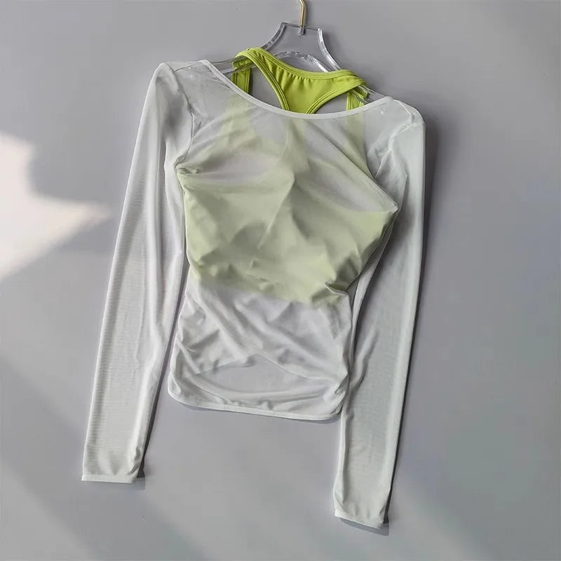 Sexy Mesh Slimming Yoga Suit for Women, Gathering Together, Sports Bra, Two Pieces, Quick Dry Training, Pilates Cover Up Blouse.