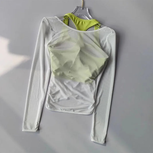 Sexy Mesh Slimming Yoga Suit for Women, Gathering Together, Sports Bra, Two Pieces, Quick Dry Training, Pilates Cover Up Blouse.