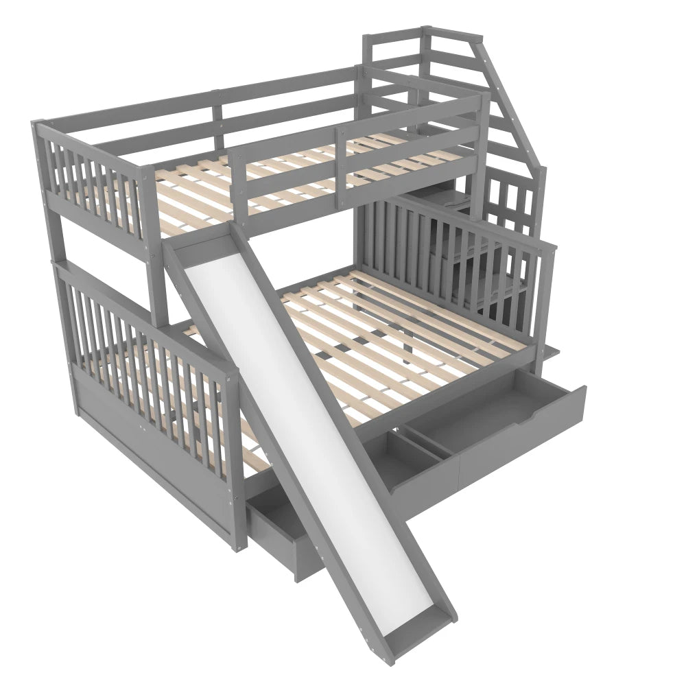 Etagenbett 90 x 200 über 140 x 200 mit Schubladen, Stauraum und Rutsche, multifunktional, Grau (ohne Matratze)