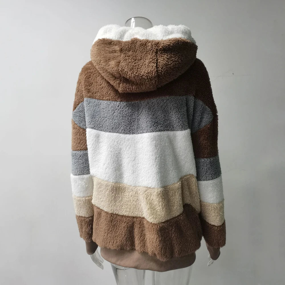 Übergroße Jacke für Frauen Mantel 2025, Herbst Winter, warm, Plüsch, Tasche, Kapuze, Streetwear, lockere Dame, Reißverschluss, Kaschmir-Oberbekleidung