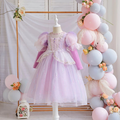 Wunderschönes Mädchenkleid, Puffärmel + lange Ärmel, Netzbedeckung, geeignet für Tänze, Partys, Auftritte, Host-Verkleidung