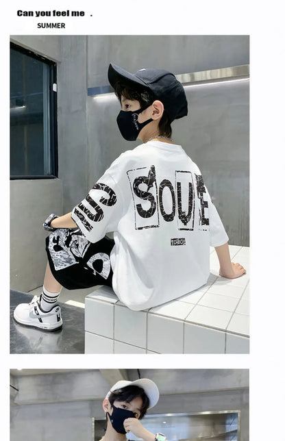 Boys Summer Trendy Casual Sports 2pcs T-shirts+Pants Suits 3-14 Years Teenage Boys Hip Hop Style Fashion Outfits Clothes Sets.