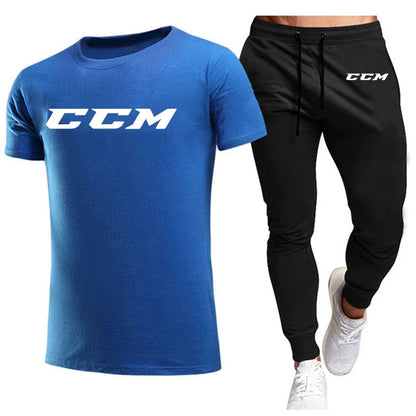 CCM New Men's Tracksuits summer men's sets fitness wear short-sleeved T-shirts+trousers set cotton brand Men's clothing.