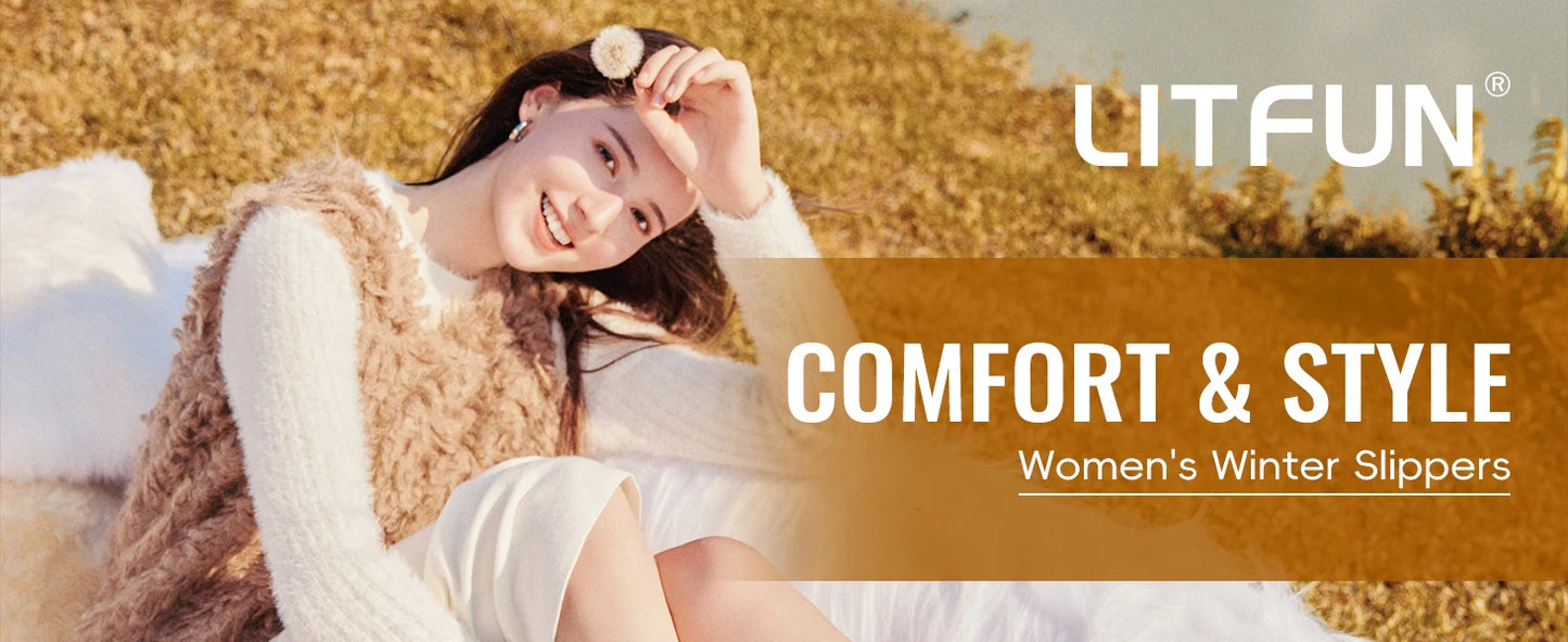 Litfun Winter Genuine Suede Snow Boots For Women Water Resistant Slides Soft Sole Ankle Boots Plush Lining Warm House Slippers.