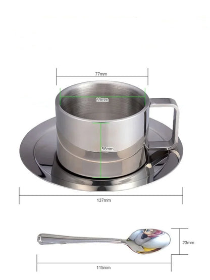 1Set Stainless Steel Coffee Cup Set Double Walled Heat Resistant Mug with Saucer Spoon Drink Tableware Kitchen Cafe Accessories.