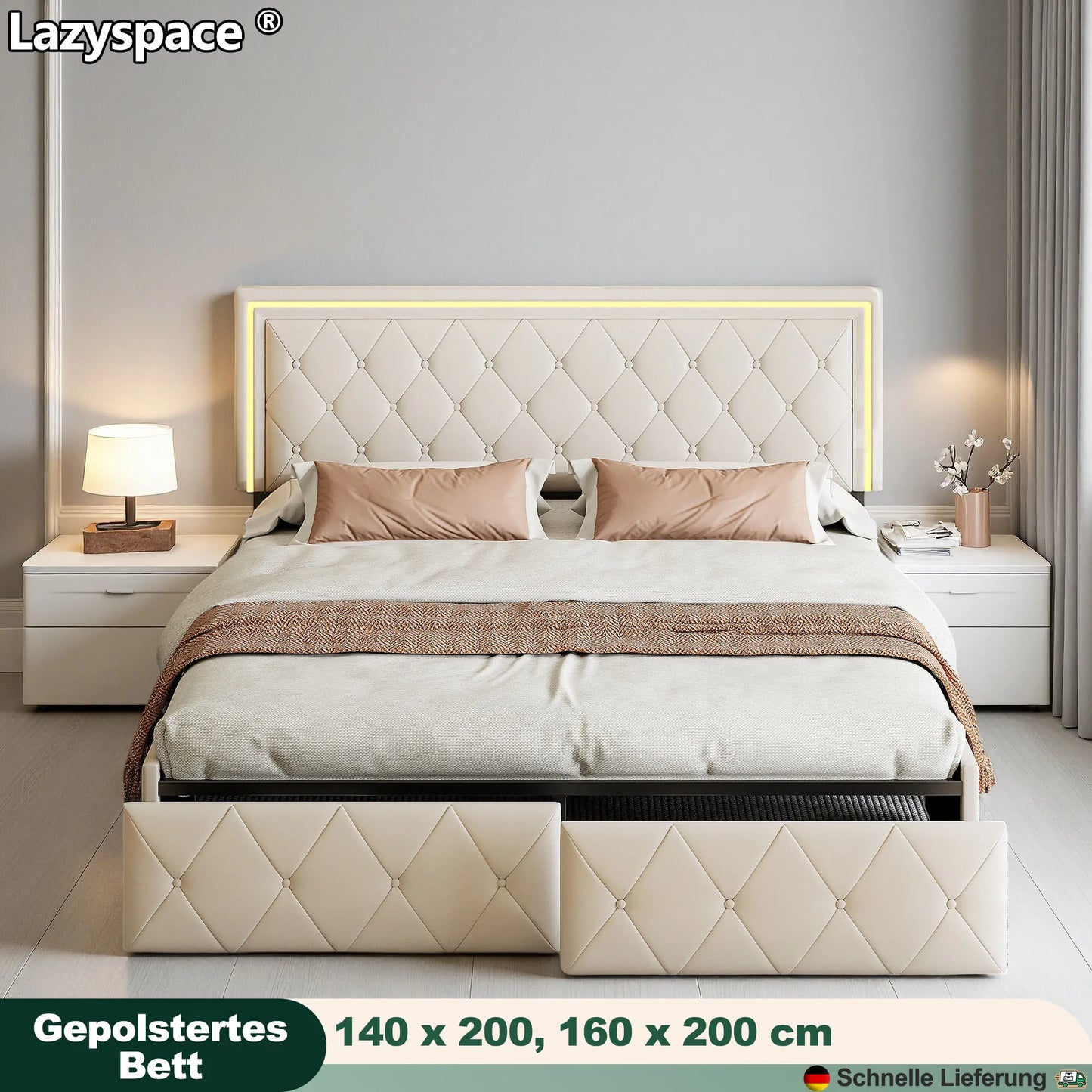 Lazyspace PU-Polsterbett, weißes Einzel- und Doppelbett mit Lattenrost, Holz, mit 4 Schubladen und LED-Kopfteil