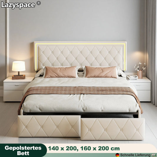 Lazyspace PU-Polsterbett, weißes Einzel- und Doppelbett mit Lattenrost, Holz, mit 4 Schubladen und LED-Kopfteil