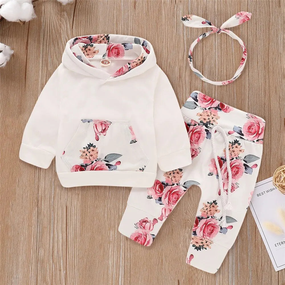 0-18 Months Toddler Baby Girl 3PCS Hooded Clothes Set Flowers Print Long Sleeve Top+Pant+Bowknot Headband Fashion Autumn Outfit.
