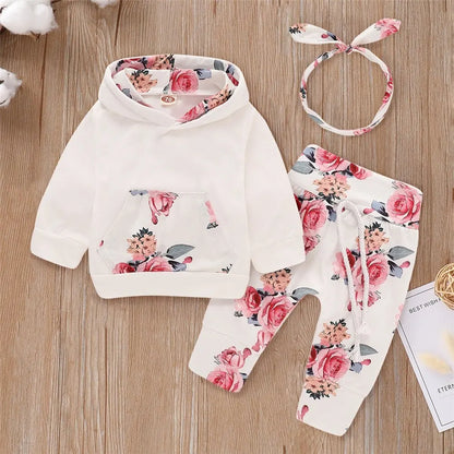 0-18 Months Toddler Baby Girl 3PCS Hooded Clothes Set Flowers Print Long Sleeve Top+Pant+Bowknot Headband Fashion Autumn Outfit.