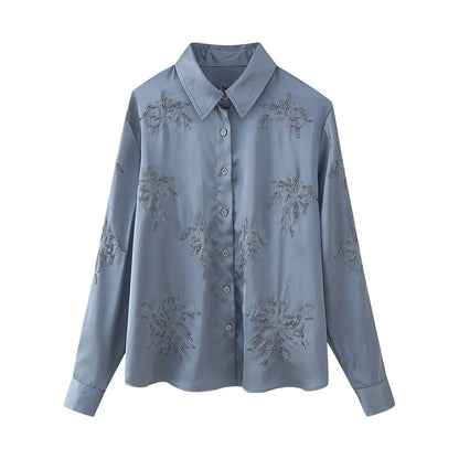 Summer New Product Women's Style Flip Collar with Beaded Embroidered Shirt, High Waist Straight Leg Pants Set