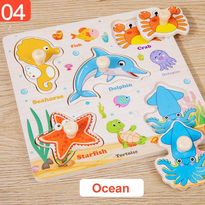 Montessori Baby Toys Wooden 3d Puzzle Cartoon Animal Intelligence Jigsaw Puzzle Early Learning Educational Toys for Children.